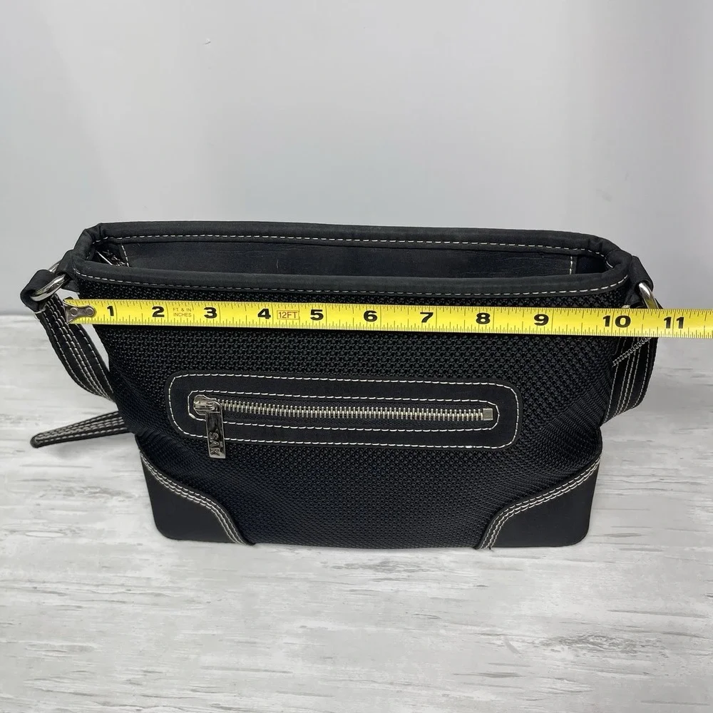 The Sak Black Woven Small Textured White Stitching Shoulder Bag Adjustable Strap
